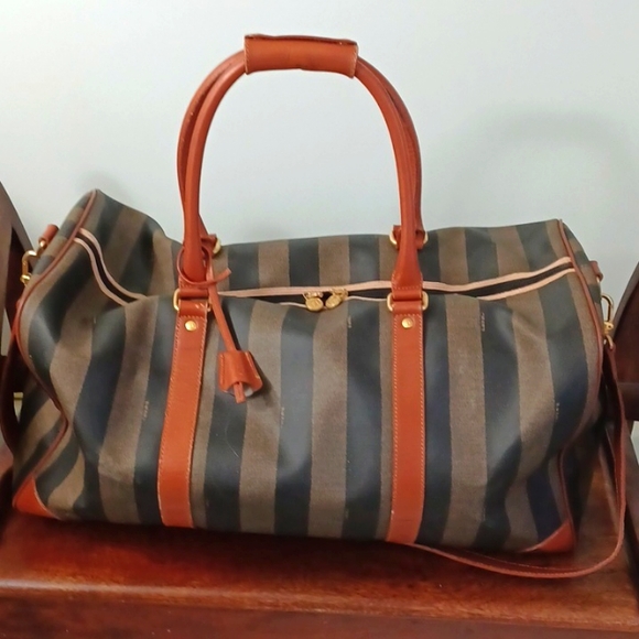 Vintage *RARE* Fendi Pequin Stripe & Cognac  Duffle/Weekender Bag (Large 50cm) - Picture 2 of 10
